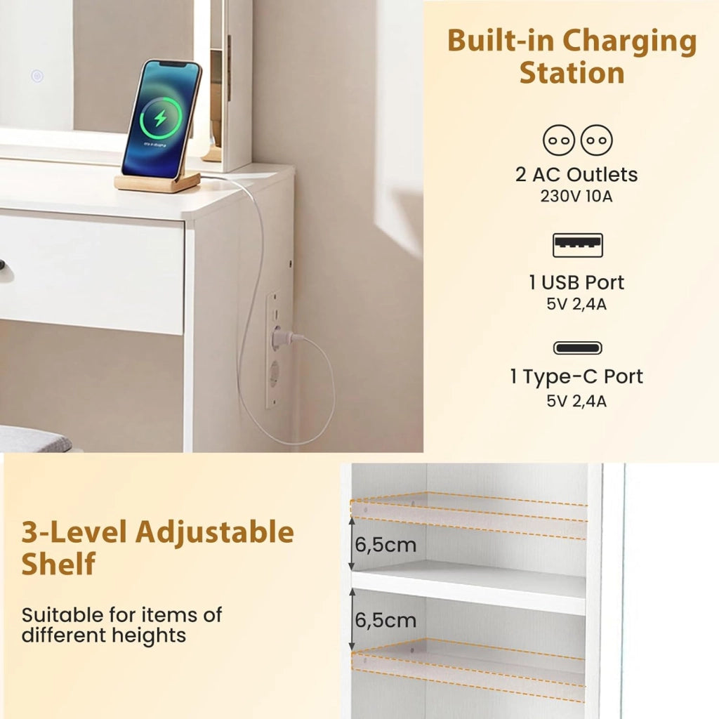 Tavolo da toeletta con illuminazione e specchio, tavolo da toeletta in legno con 4 cassetti e ripiano regolabile, tavolo da trucco con stazione di ricarica, tavolo cosmetico con sgabello per