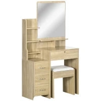 Toeletta da Trucco con Specchio, Tavolo da Trucco, Sgabello, 4 Cassetti e 4 Ripiani, Colore Legno