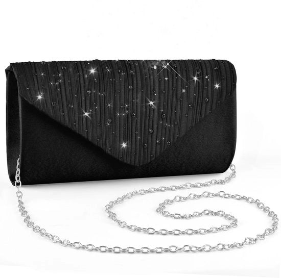 Borsa da sera per donna in forma di party, con cinturino rimovibile, nera con diamanti, dimensione unica