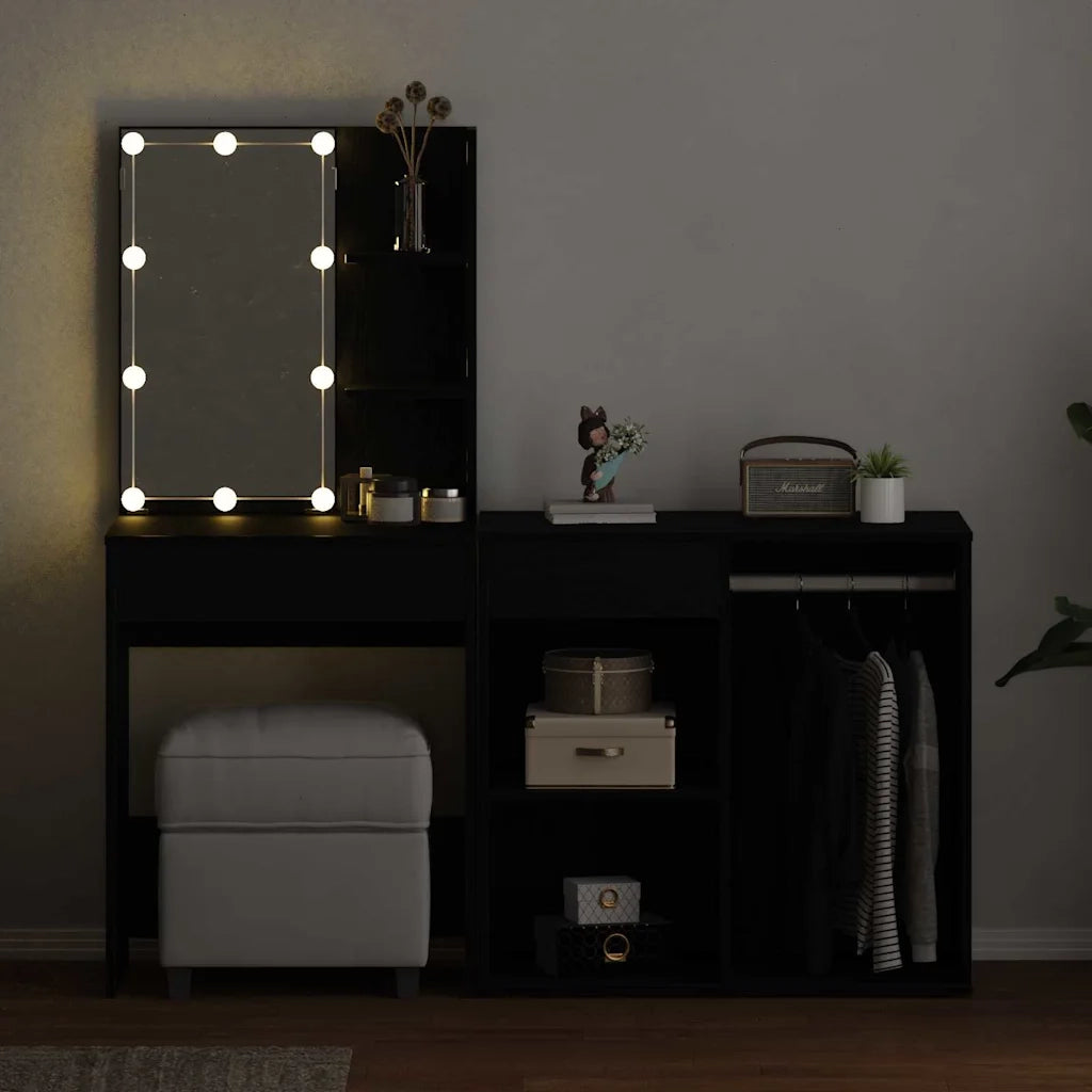 Set Toeletta | Tavolo da Trucco LED Rovere Nero 140 x 40 x 140 cm