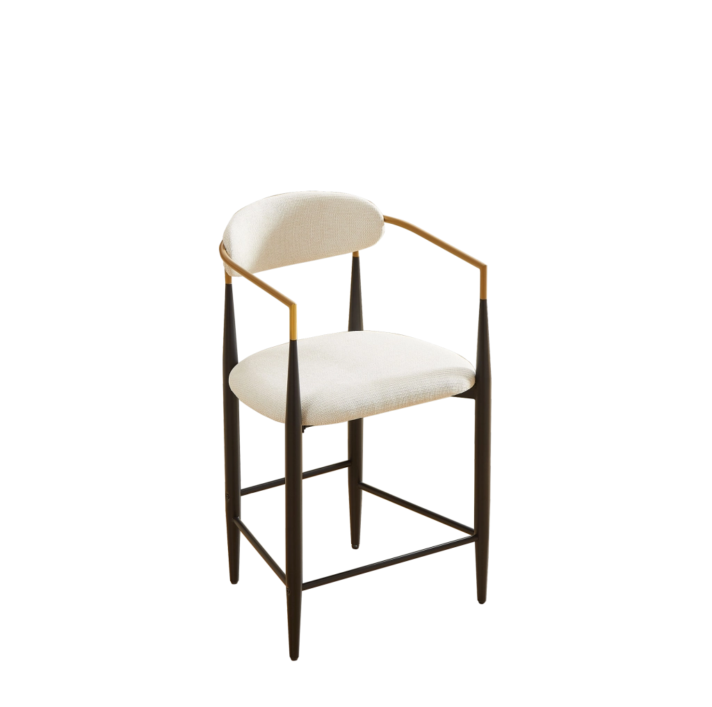 Set di 2 sgabelli da bar con braccioli; tessuto beige e struttura in metallo nero e oro