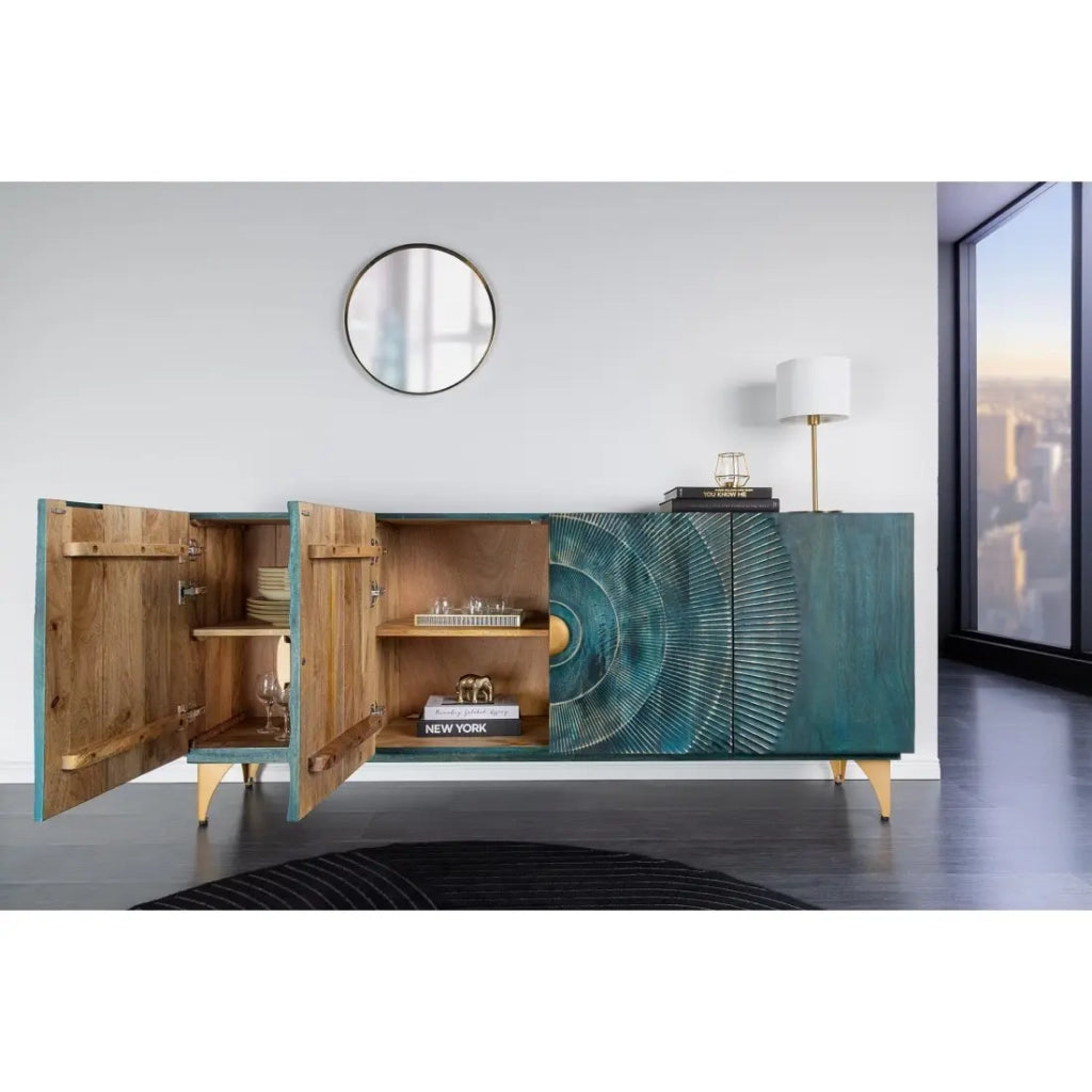 Buffet SOLARIS 180 cm in legno massiccio scolpito blu e dorato – 4 porte