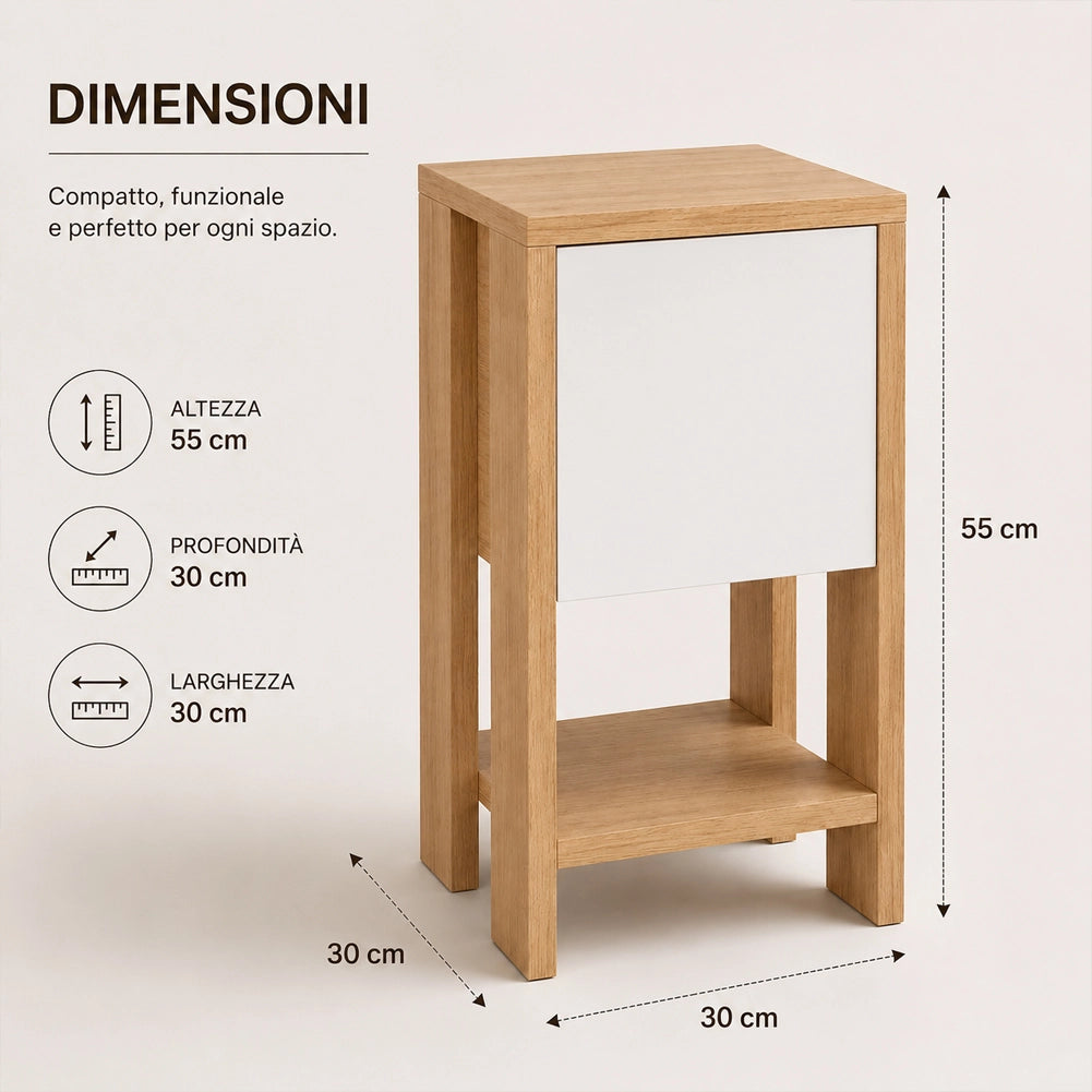 Comodino Mobiletto 2 Ripiani Anta Ribalta Tavolino Moderno Quercia e Bianco