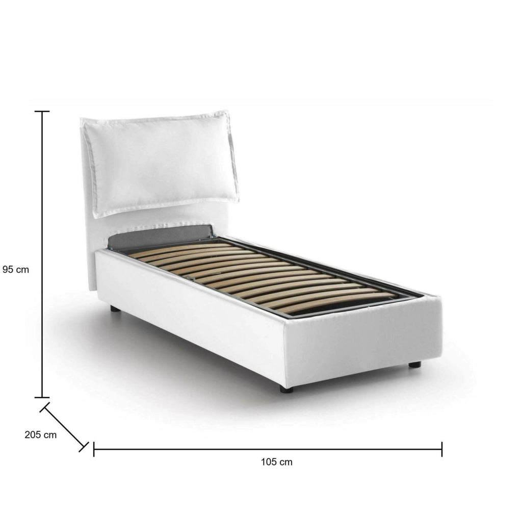 Letto singolo Aigor, Letto contenitore con rivestimento in tessuto, Made in Italy, Apertura frontale, adatto per materasso cm 90x190, Bianco