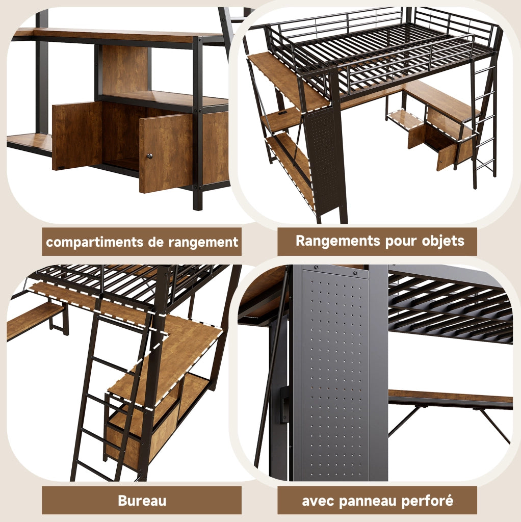 Letto a soppalco ULEVR 140x200 cm con scrivania, LED, USB e ripiani, struttura in metallo e MDF