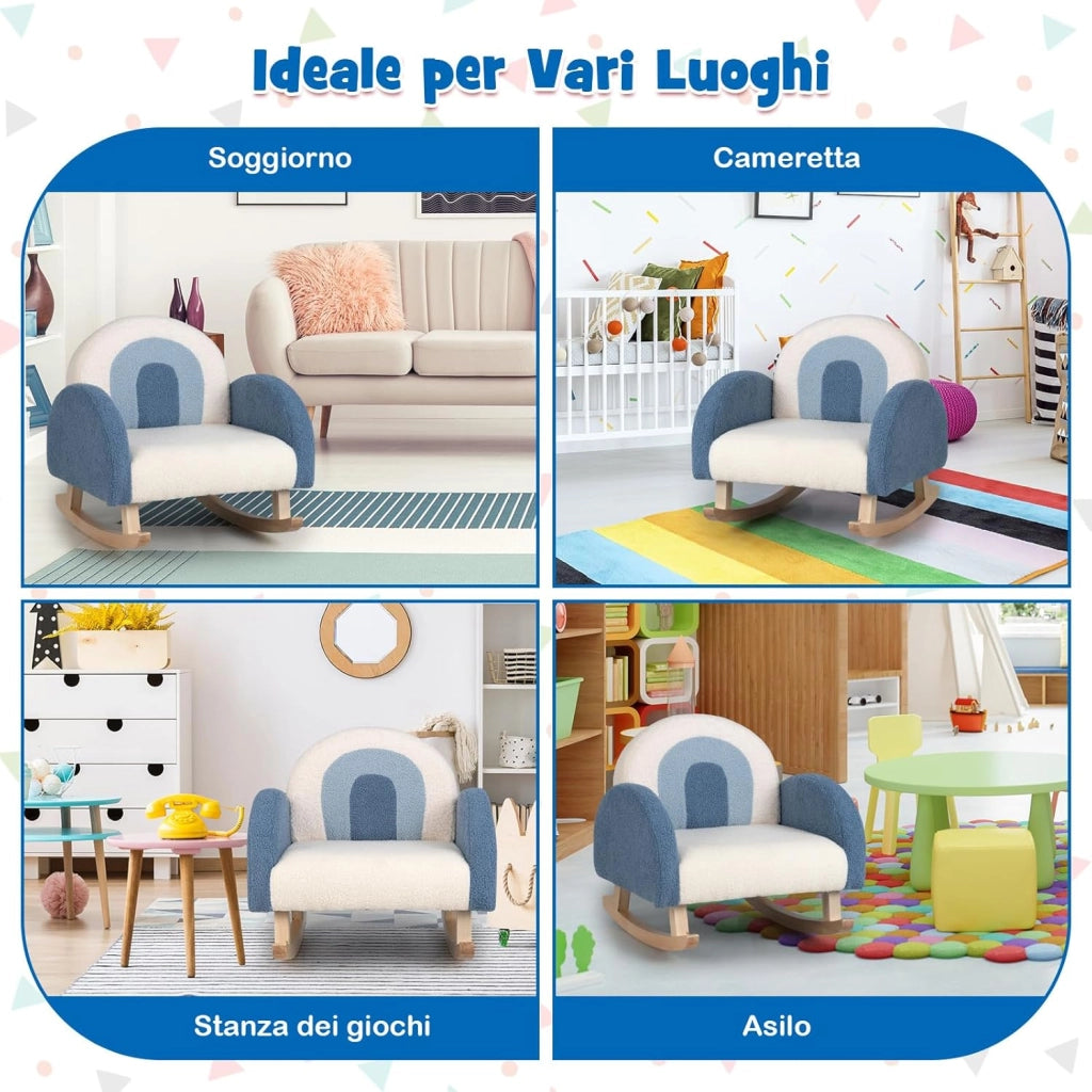 Sedia a Dondolo per Bambini con Gambe in Legno Massello, Poltrona per Bambini di 3-5 Anni, Divanetto Singolo Imbottito per Cameretta, 50,5 x 49 x 50,5 cm, Portata 50 kg (Blu)