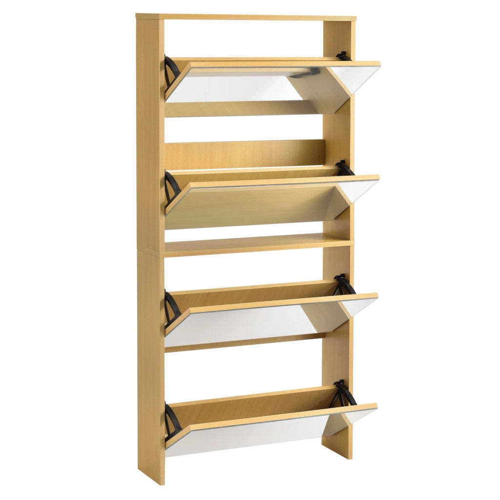 Scarpiera di design mobile contenitore con 4 scomparti capienza 12 paia di scarpe frontale a specchio pannello di particelle rivestito in melaminico 134 x 63 x 17 cm faggio 03_0005168