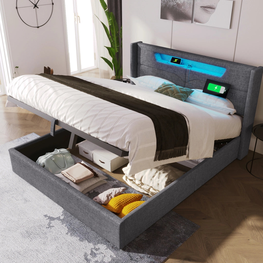 Letto contenitore 140x200 in lino grigio con LED; USB Type-C e struttura in ferro