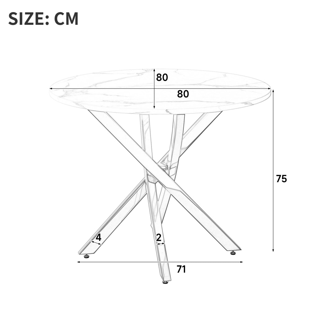 Tavolo da pranzo rotondo con piano effetto marmo e gambe cromate per cucina e soggiorno bianco argento 80 × 80 × 75 cm