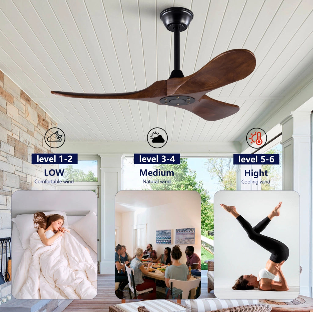 Ventilatore da soffitto senza luce con 3 pale in legno; telecomando; nero e noce scuro