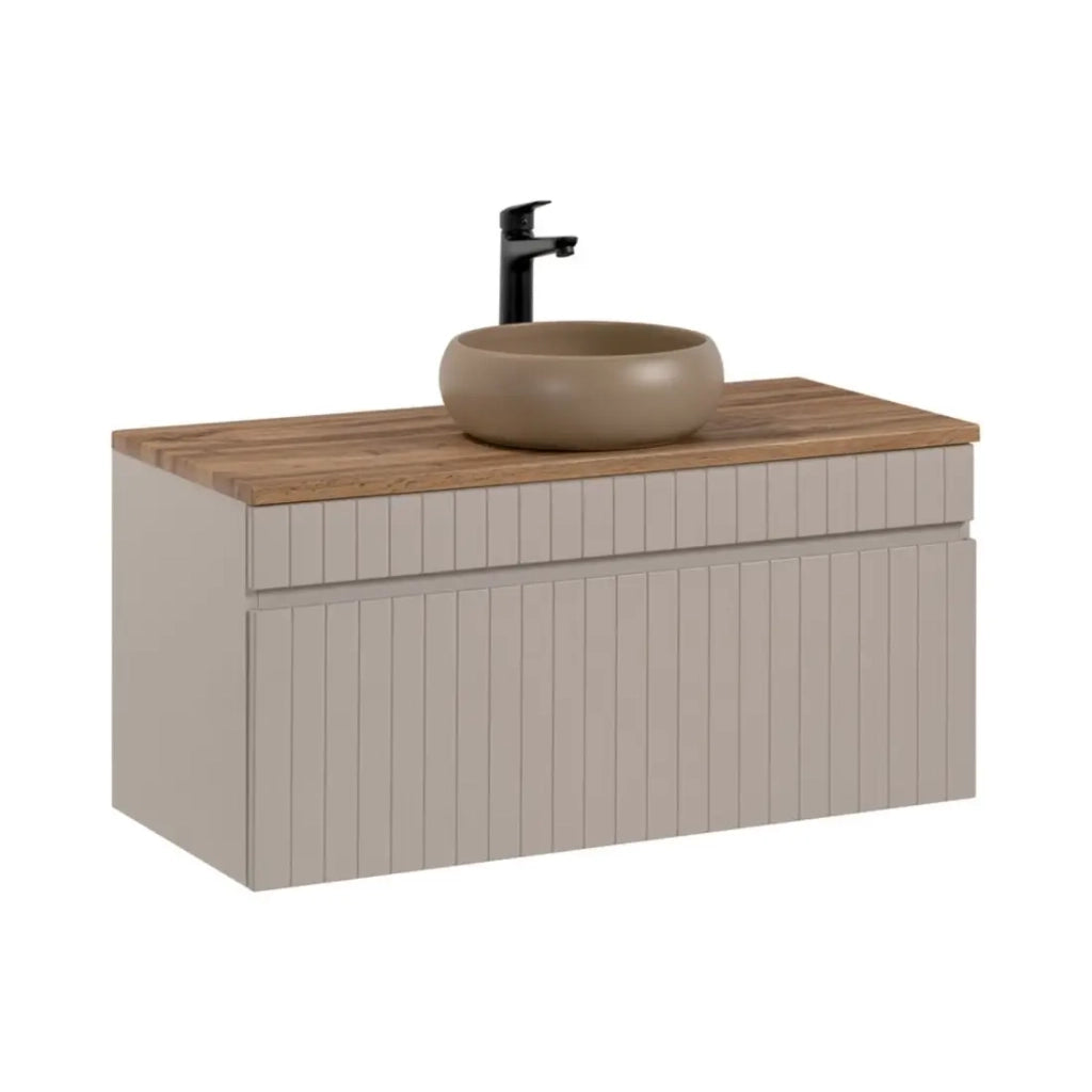 Insieme ICON: mobile sottolavabo 100cm cachemire + piano per lavabo effetto legno + lavabo rotondo da appoggio