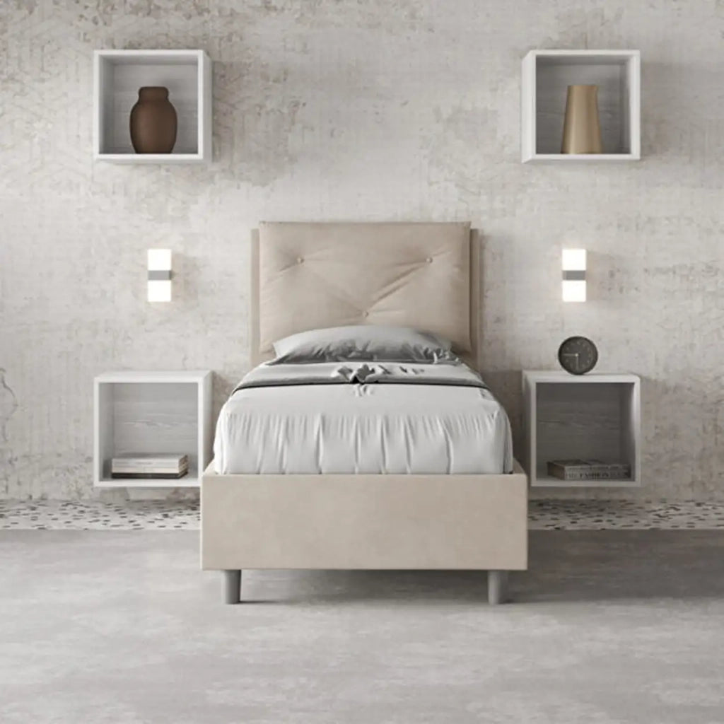 Letto singolo contenitore imbottito 80x190 microfibra sabbia Appia