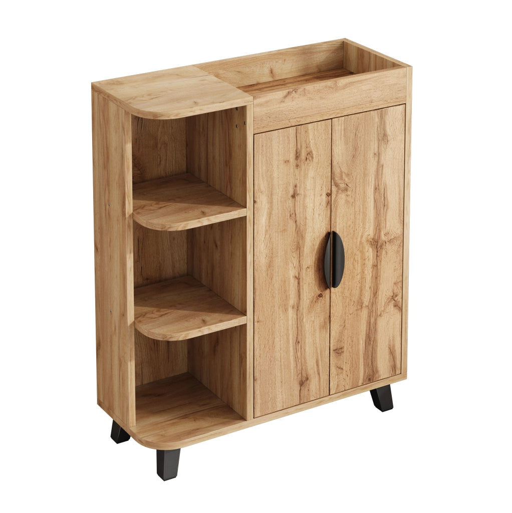 Scarpiera stretta con ante a ribalta e vani aperti; 80x32x99 cm; effetto legno naturale