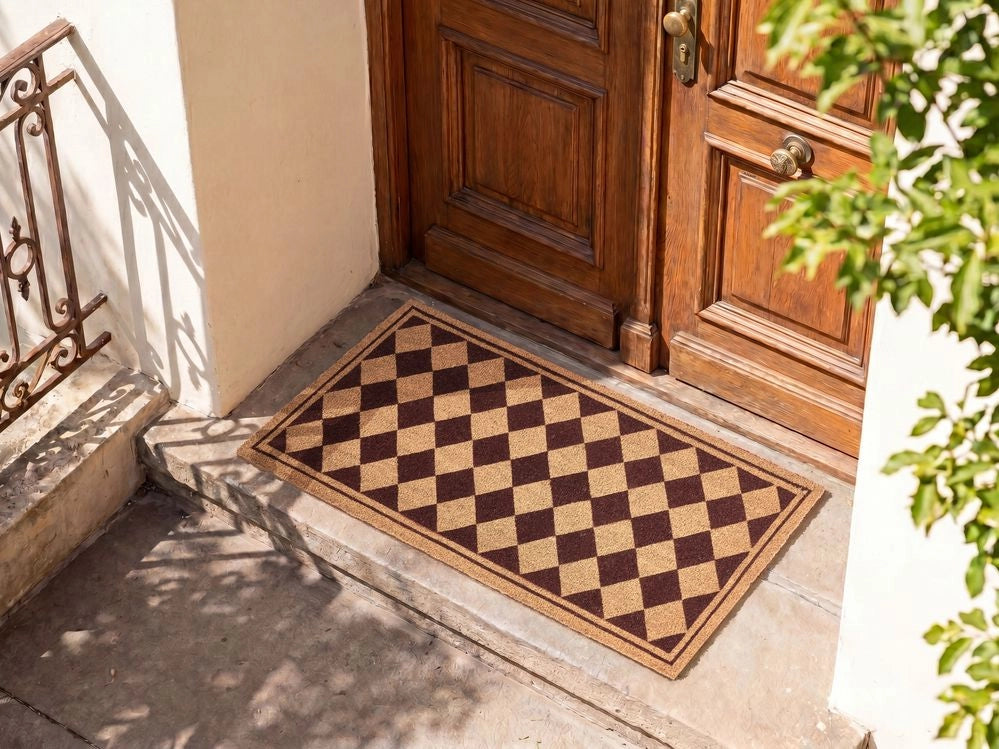Zerbino in fibra di cocco beige e marrone con fondo antiscivolo, 55 x 120 cm. Zerbino decorativo antiscivolo con motivo a rombi
