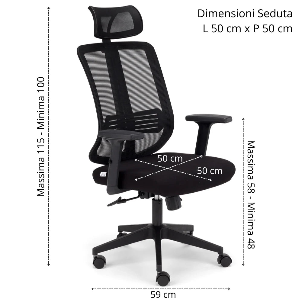 Sedia Girevole da Ufficio Nairobi, massima ergonomica, schienale alto con supporto lombare reclinabile, poggiatesta regolabile, rete traspirante, alzata a Gas, colore Nero