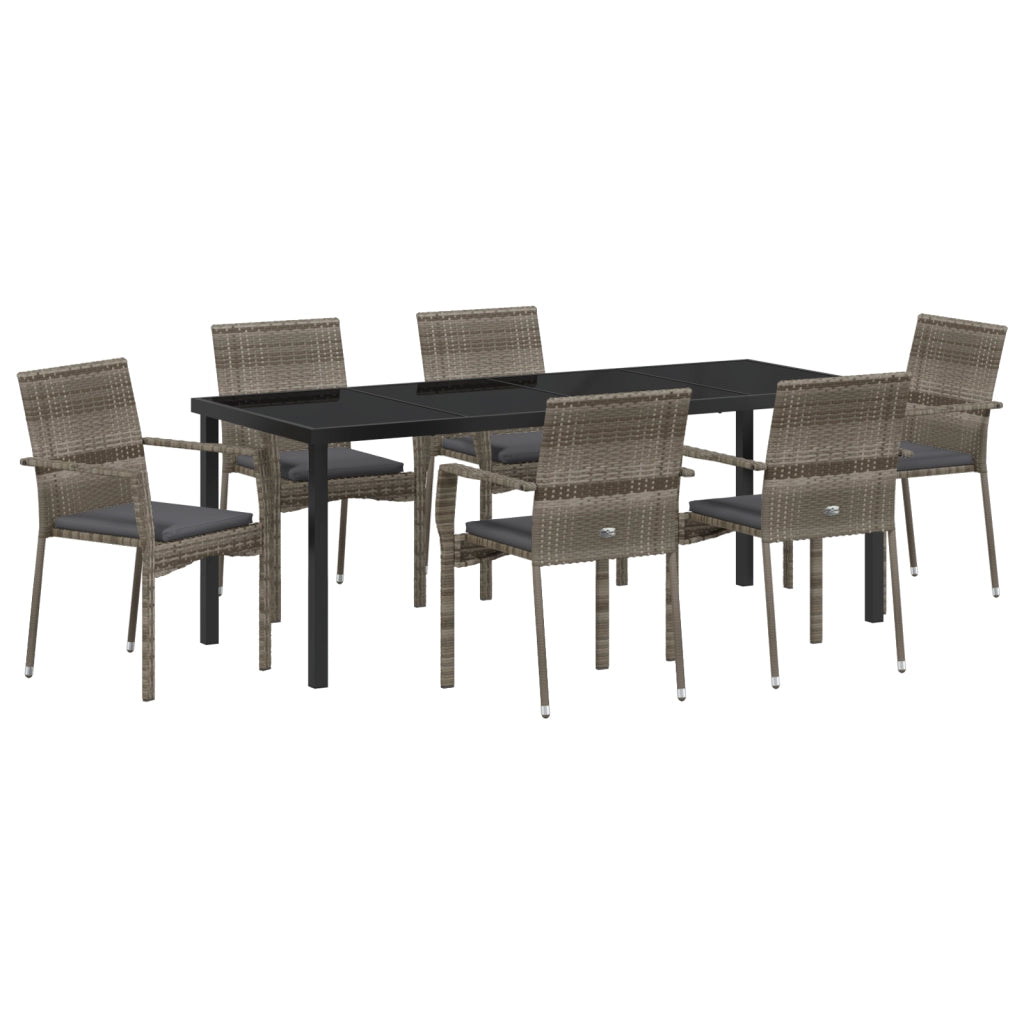 Set da Pranzo da Giardino 7 Pezzi con Cuscini Grigio Polirattan