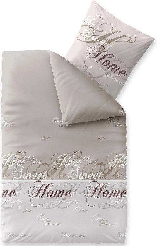 Flanella coperta per letto per l'inverno, calda, soffice, morbida flanella di cotone, chiusura a zip, con cuscino 80 x 80 cm, beige e grigio chiaro, con testo stampato "Sweet Home", beige, 135x200 cm