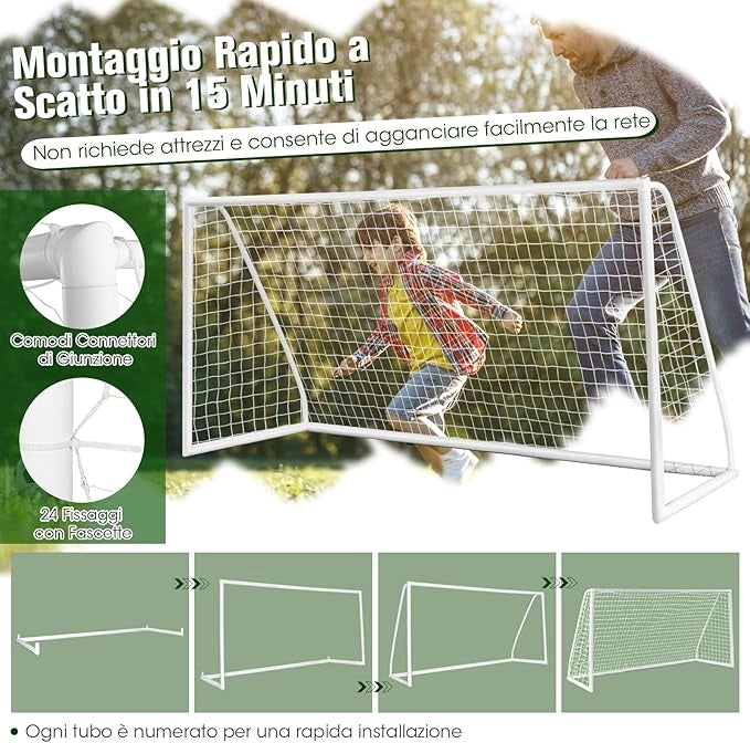 Porto per Calcio per Bambini, Rete da Calcio Resistente alle Intemperie e Telaio in UPVC con Pali di Fissaggio e Coni da Calcio per Allenamenti in Cortile