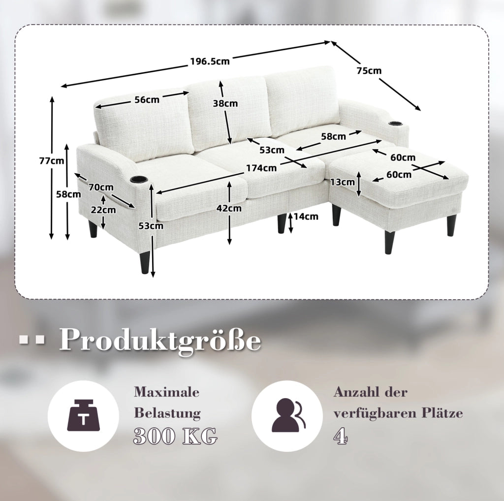 Divano 4 posti beige con pouf contenitore in ciniglia; porta-bicchieri e tasche laterali HOMVRA