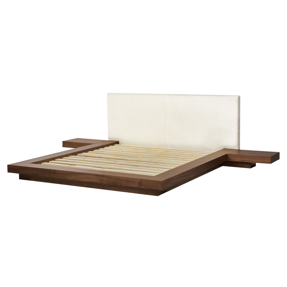 Letto LED in stile giapponese in frassino marrone 160 x 200 cm testata impiallacciata in legno bouclé a basso profilo camera da letto
