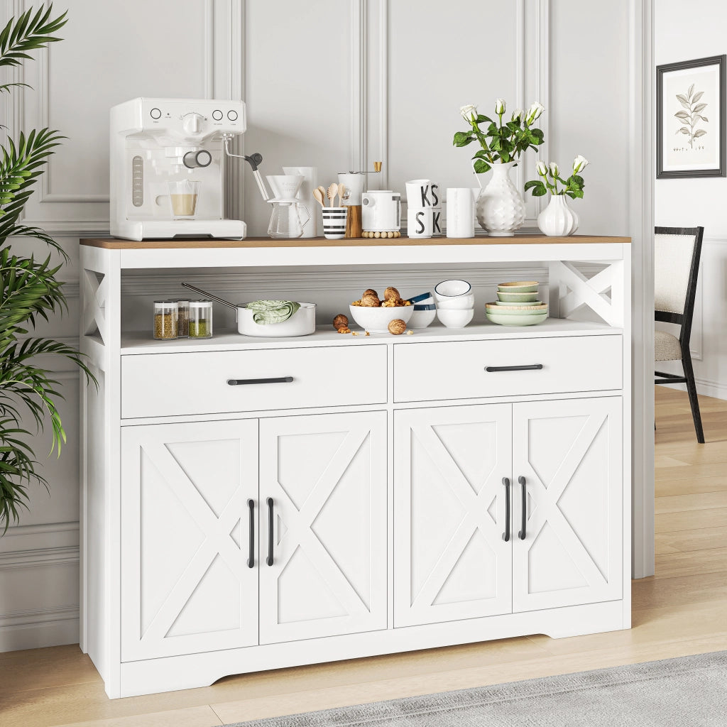 Credenza da cucina 140cm, mobile credenza bianca top effetto legno, 2 cassetti e 4 ante, in legno composito, mobile dispensa salvaspazio per soggiorno cucina