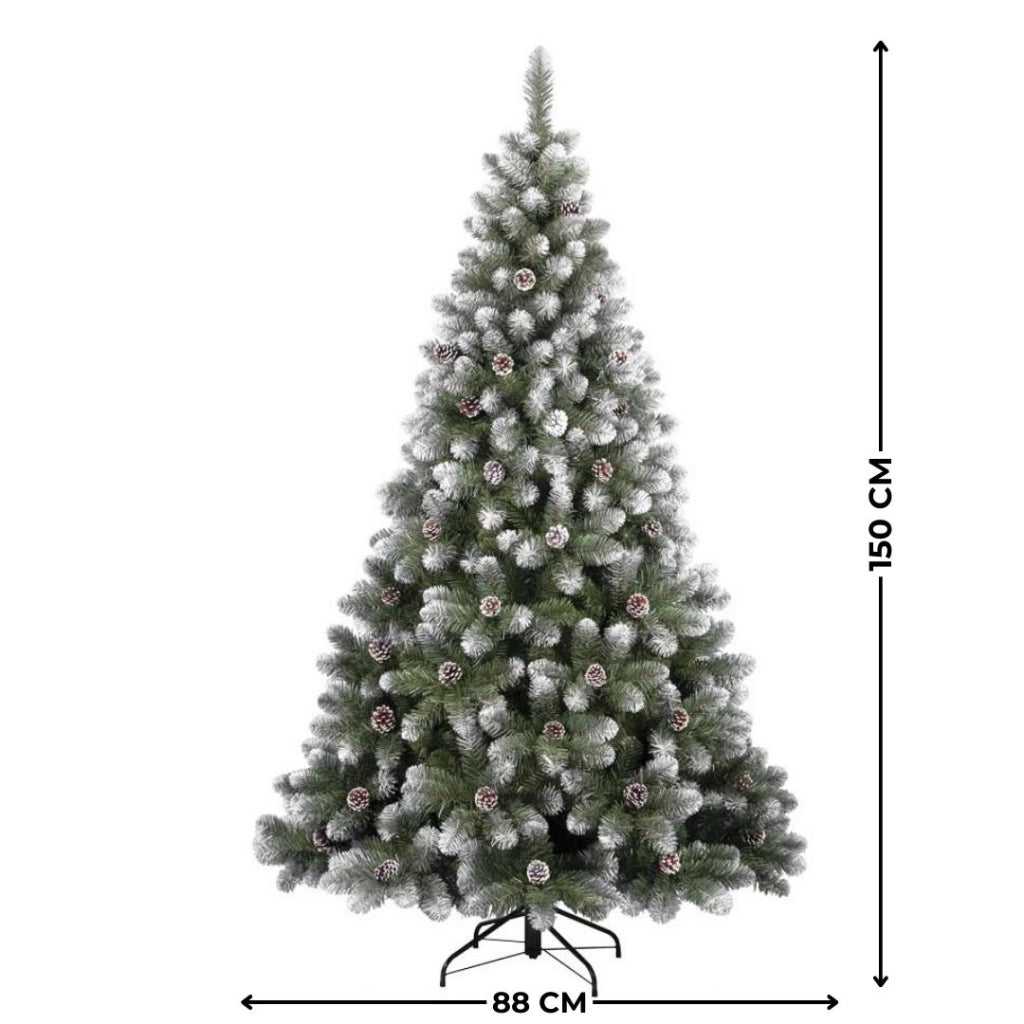 Albero di Natale Artificiale alto 150cm con 361 rami addobbato con punte innevate e pigne
