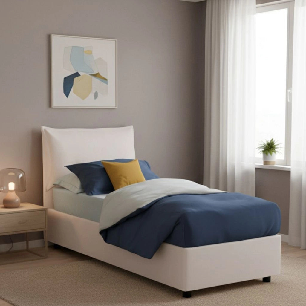 Letto singolo Alistair, Letto contenitore con rivestimento in ecopelle, Made in Italy, Apertura frontale, adatto per materasso cm 80x190, Bianco