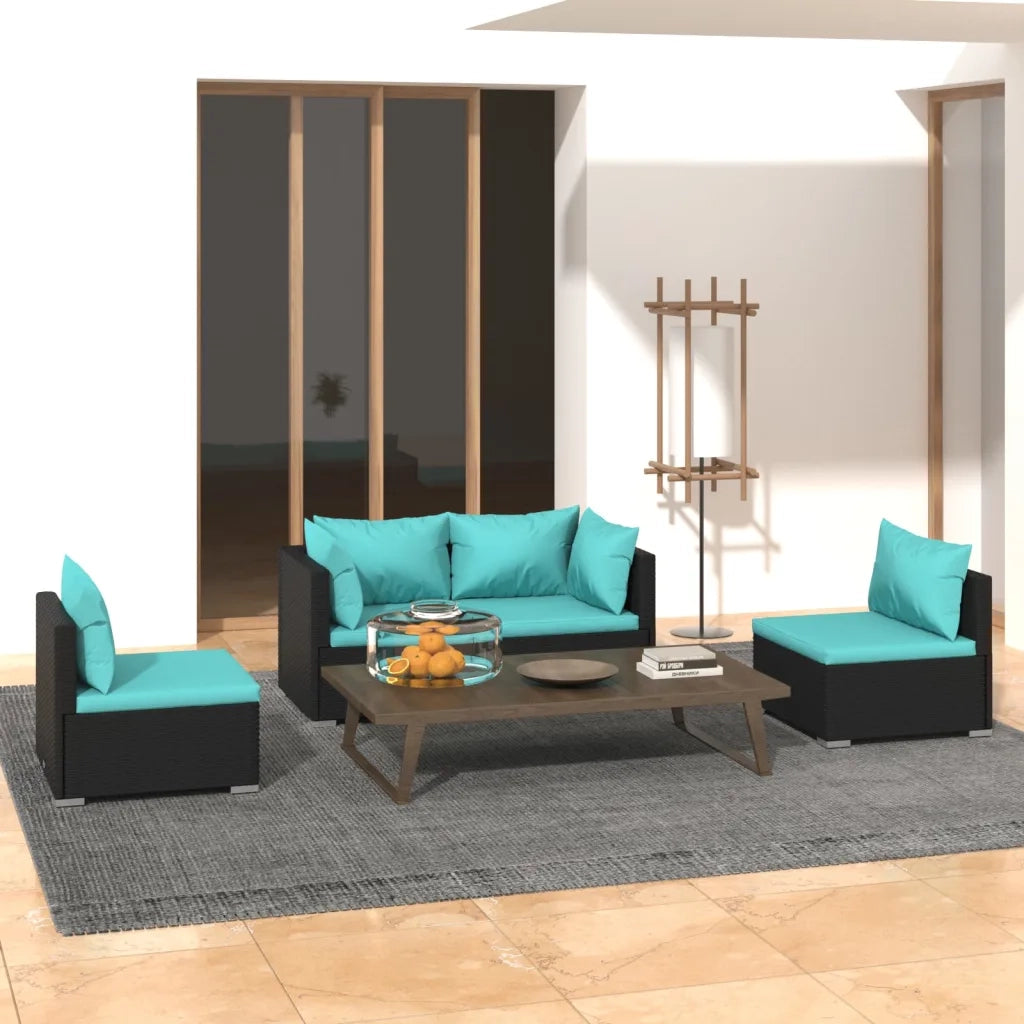 Set Divani da Giardino 4 pz | Set Salotto da Giardino con Cuscini in Polyrattan Nero