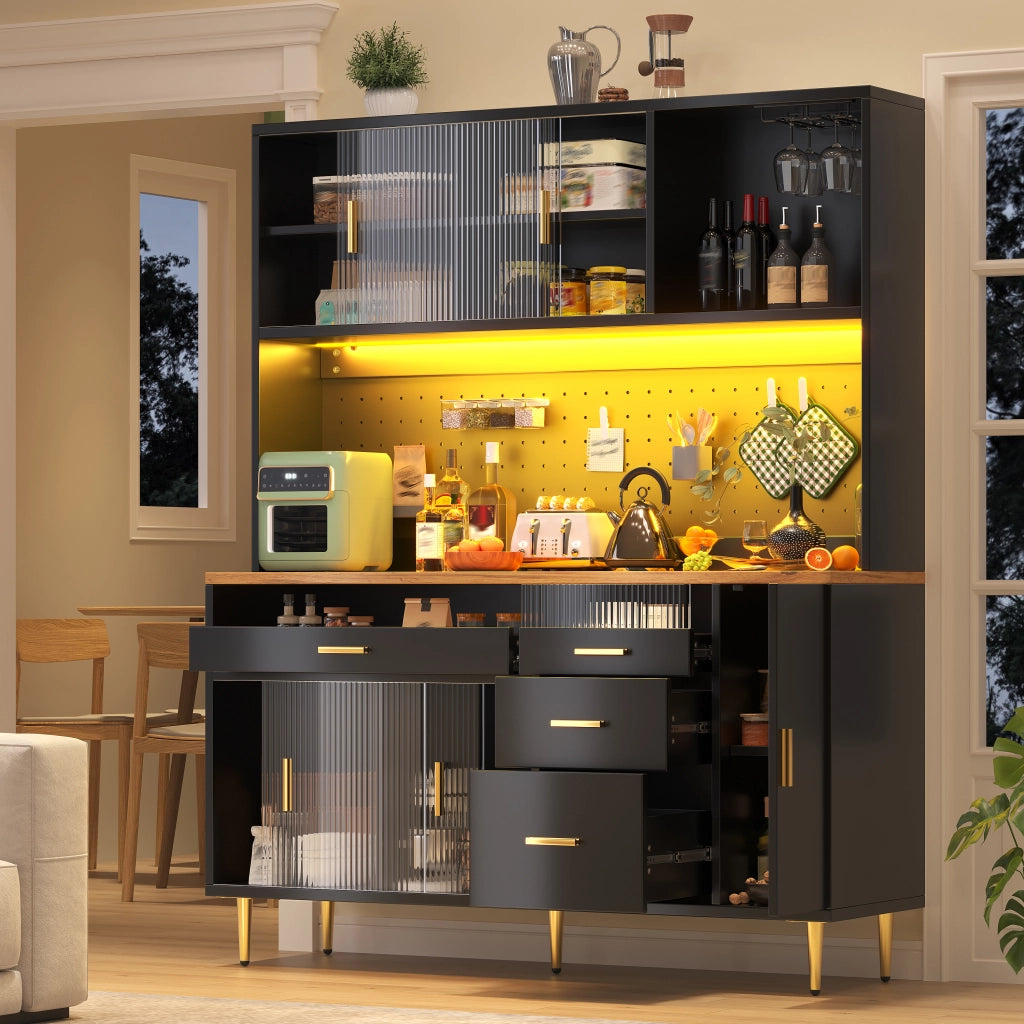 Credenza Alta da Cucina con 2 Ante Scorrevoli in Vetro; Ripiani Regolabili e LED; in MDF; 145×39×171 cm; Nero