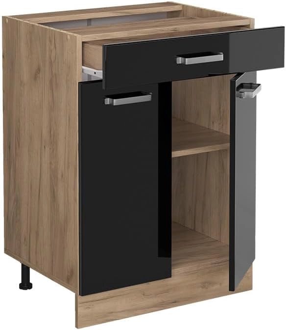 Mobiletto base per cucina R-Line, Nero lucido, 60 cm con cassetto, senza piano di lavoro, per la libera combinazione all'interno di sistemi cucina modulari