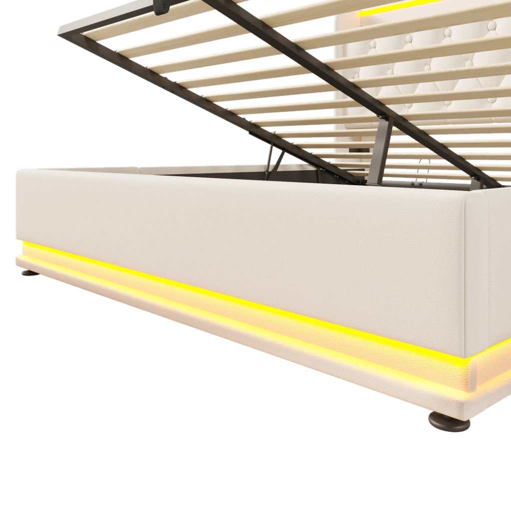 Letto contenitore imbottito con LED, ricarica USB e Tipo-C, 160 x 200 cm, bianco