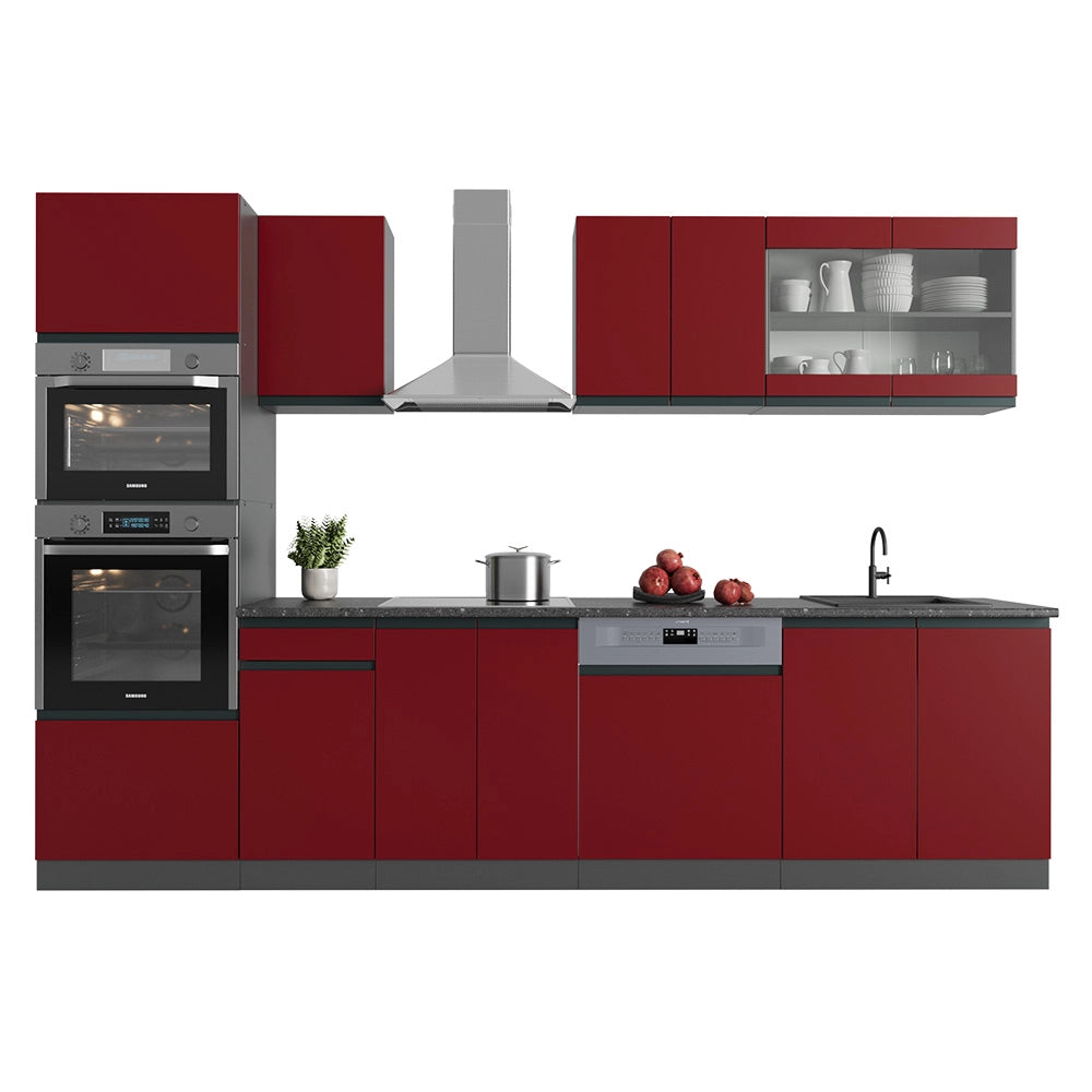 Cucina componibile R-Line Rosso/Antracite 300 cm J-Shape con armadio alto, PL Antracite Vicco