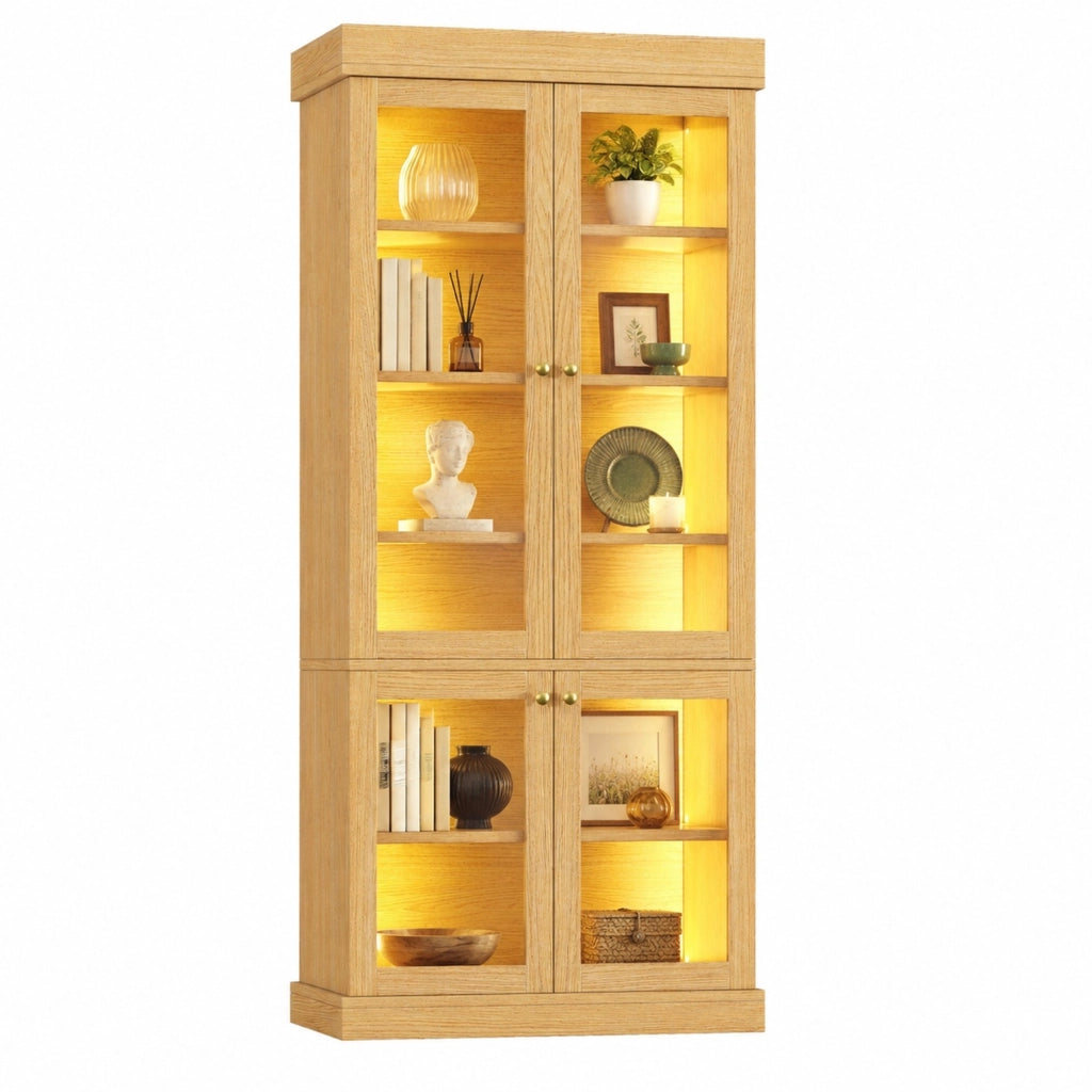 Armadio alto con LED multicolore, vetro e ripiani effetto legno