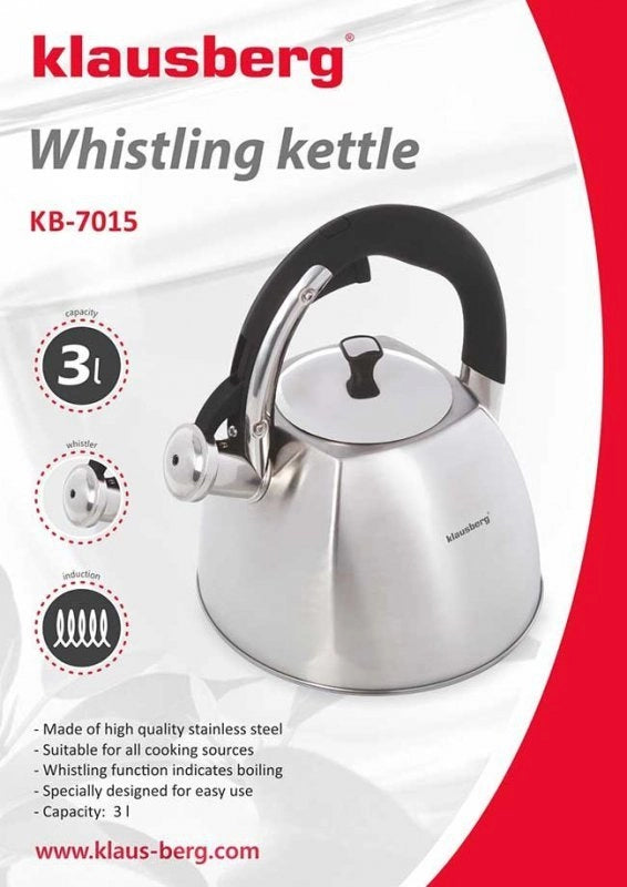 Klausberg KB-7015 Bollitore a fischio in acciaio inossidabile da 3 litri per tutti i fornelli