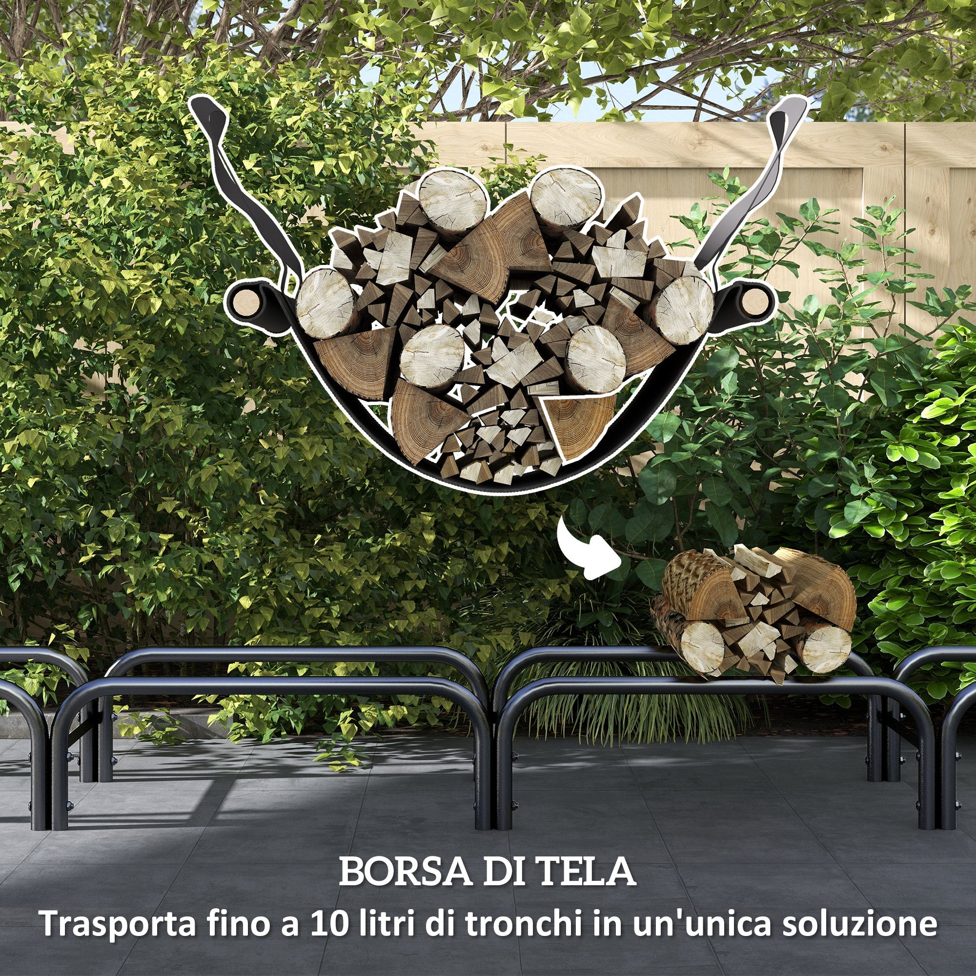 Portalegna per Camino da Interno ed Esterno con Telo Porta Legna e Copertura 240x36x99 cm in Metallo Nero