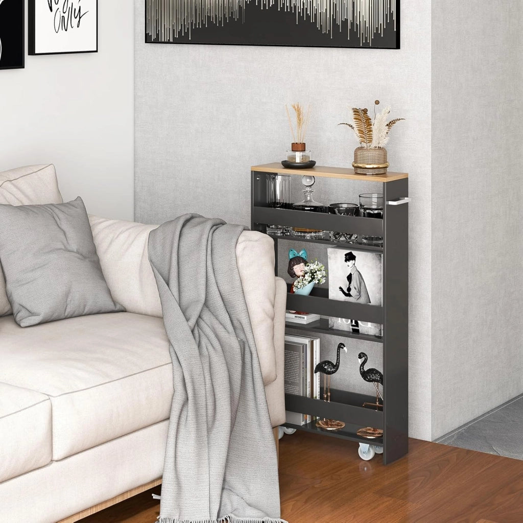 Carrello Portaoggetti da Cucina, Scaffale con Maniglia Laterale e Ruote, Carrello Salvaspazio con 3 Scaffali Stretti, 47,5x13x80,5 cm (Naturale+Grigio)