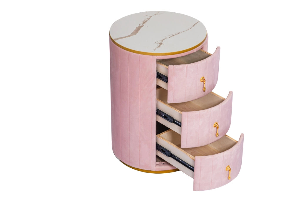 Tavolino da Comodino con 3 Cassetti ¨C MINIMAL ¨C Velluto Rosa, Piano in Marmo, Gambe Oro