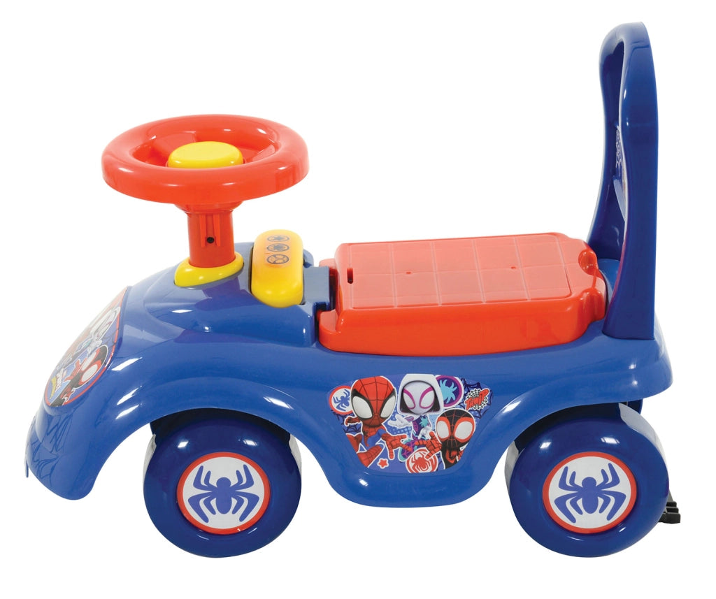 Macchina Cavalcabile per Bambini Volante Direzionabile Vano Contenitore e Telefono Marvel Spidey Blu