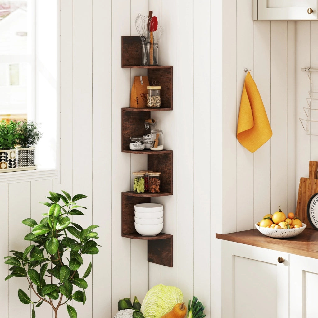 Scaffale sospeso a muro organizzatore di stoccaggio a parete, Scaffale angolare a 5 livelli espositore in legno per soggiorno Marrone