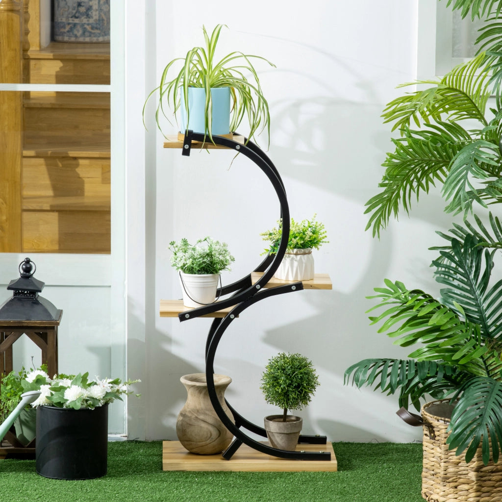 Portapiante 4 Ripiani ¨C Zephmum ¨C Legno Massello 46x25x91 Nero Naturale