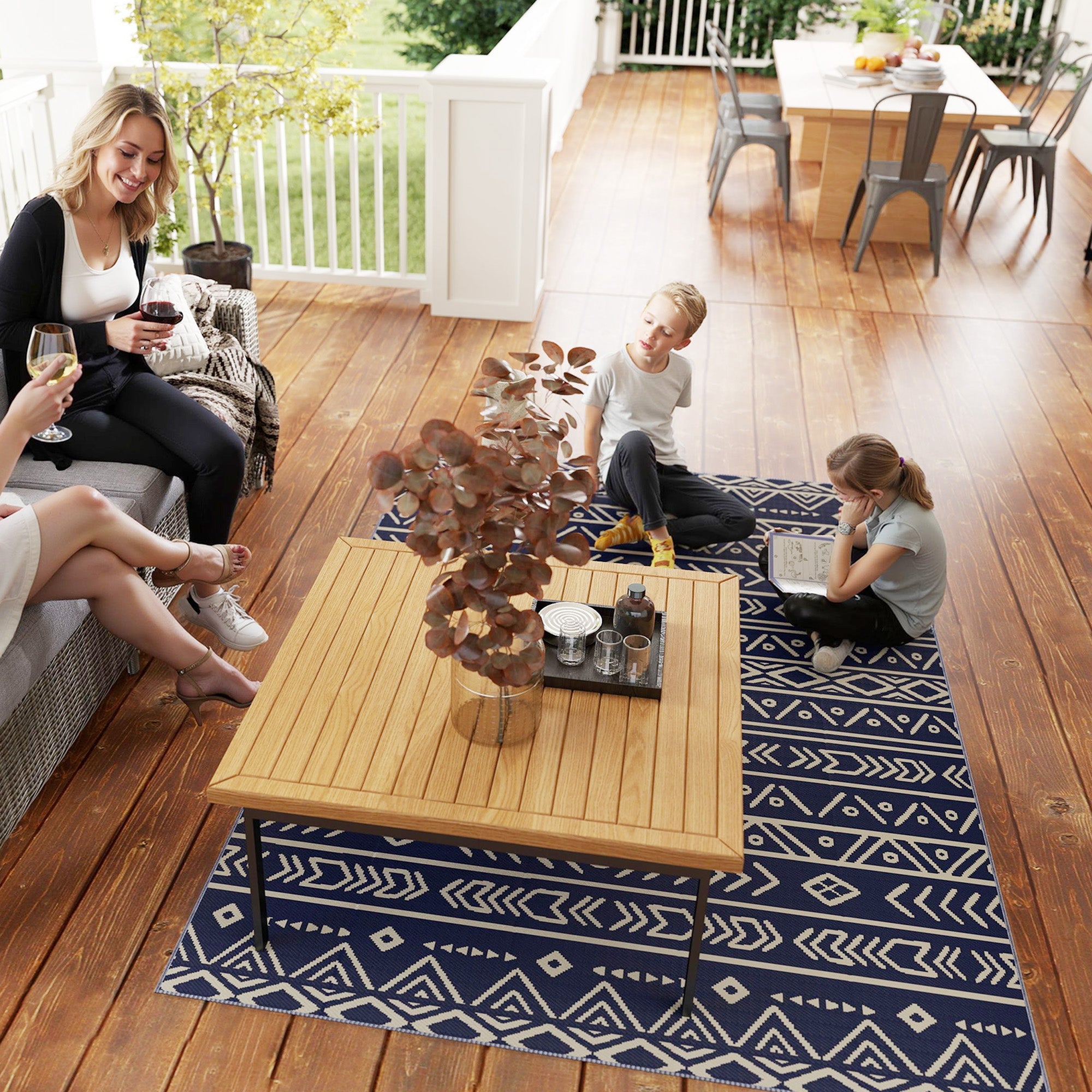 Tappeto da Esterno Reversibile 182x274 cm con Motivo Geometrico e Borsa Inclusa Blu e Bianco