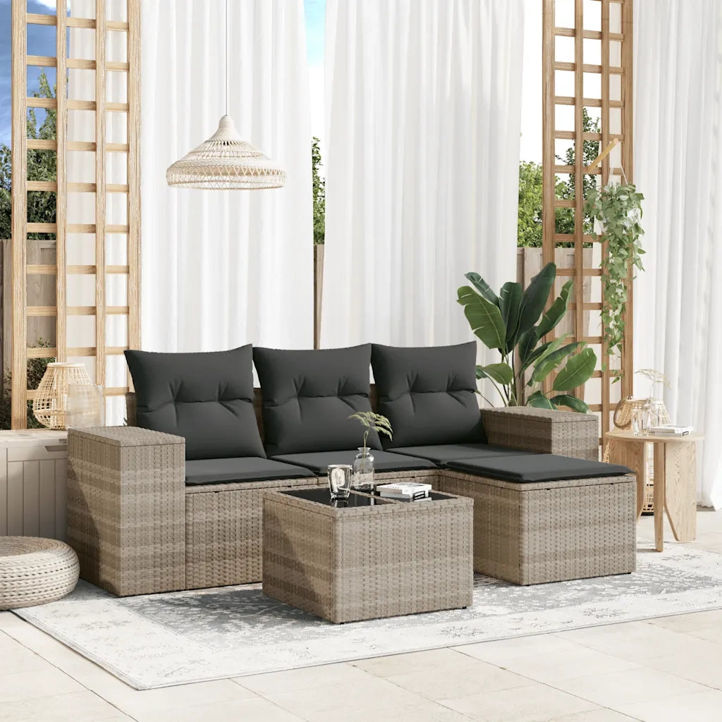 Set Divano da Giardino 5pz | Set Salotto da Giardino con Cuscini Grigio Chiaro Polyrattan