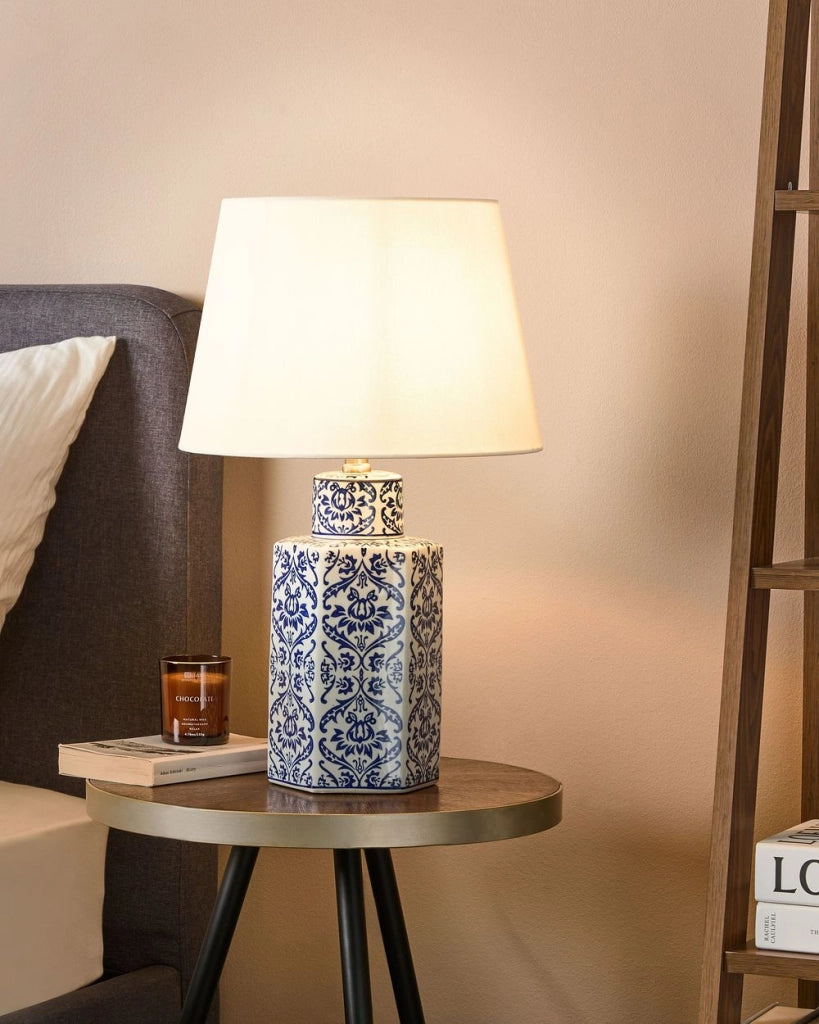 Lampada da tavolo classica con paralume in tessuto di lino base in porcellana bianco e blu 53 cm elegante retrò classico camera da letto soggiorno