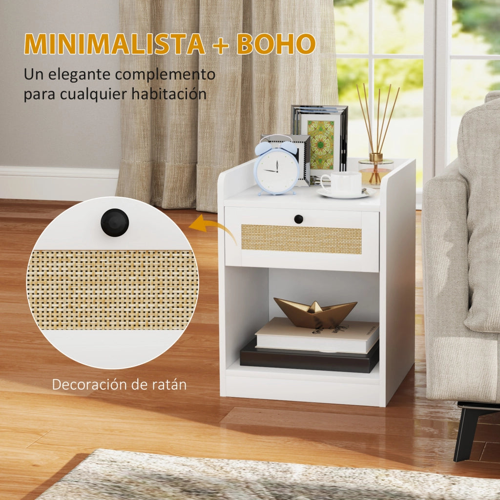 Comodino con cassetto e fronte in rattan ¨C Zephmum ¨C 40x40x53 cm bianco
