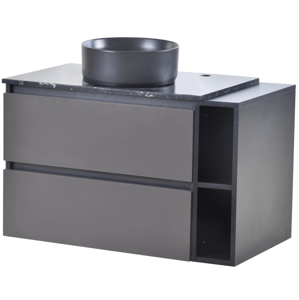 Mobile lavabo sospeso con lavabo in ceramica; piano in marmo; nero e grigio