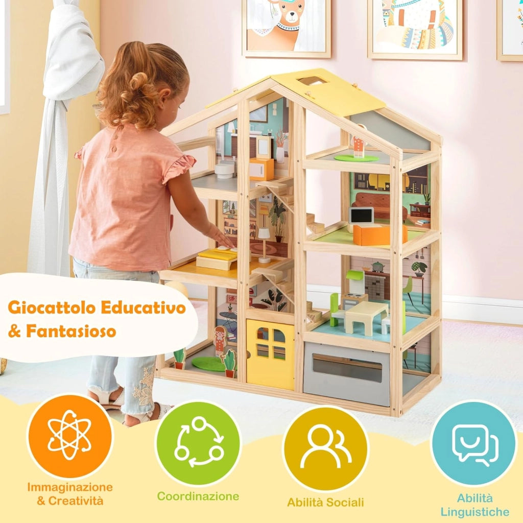 Casa delle Bambole in Legno, Casa Bambole con 4 Piani, 7 Stanze, Garage e Scale, Casetta Giocattolo Educativo con 18 Mobili Accessori e 3 Figure, per Bambini 3+ Anni, 60 x 30 x 75 cm