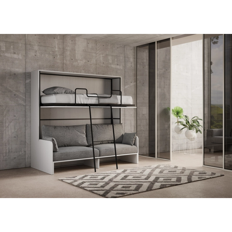 Letto a scomparsa doppio orizzontale Kando Sofà Frassino con materassi (ALESSIA 20) - Bianco Frassino