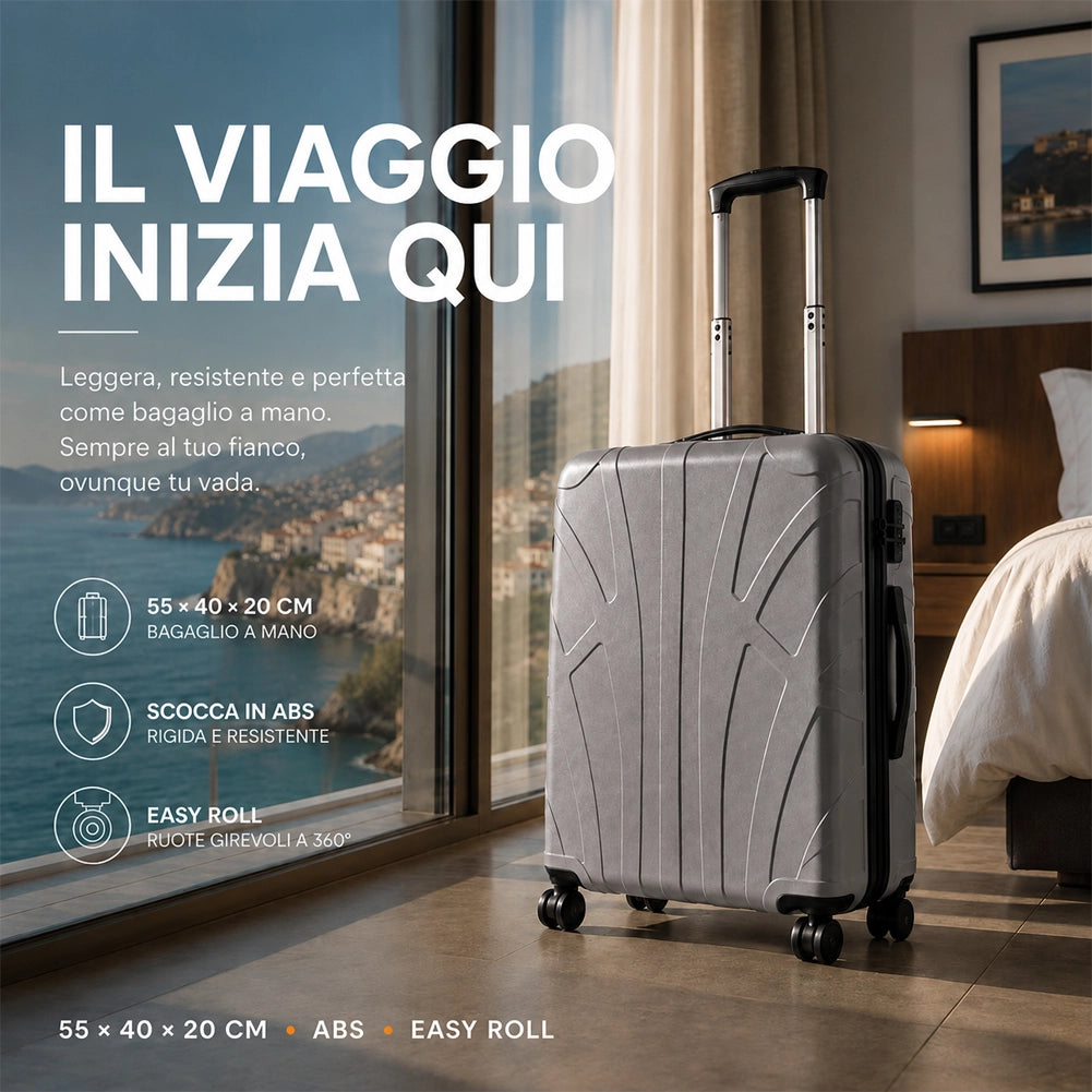 Valigia Bagaglio a Mano 55x40x20 cm Grigio Trolley Lugano Adatto Ryanair Easyjet