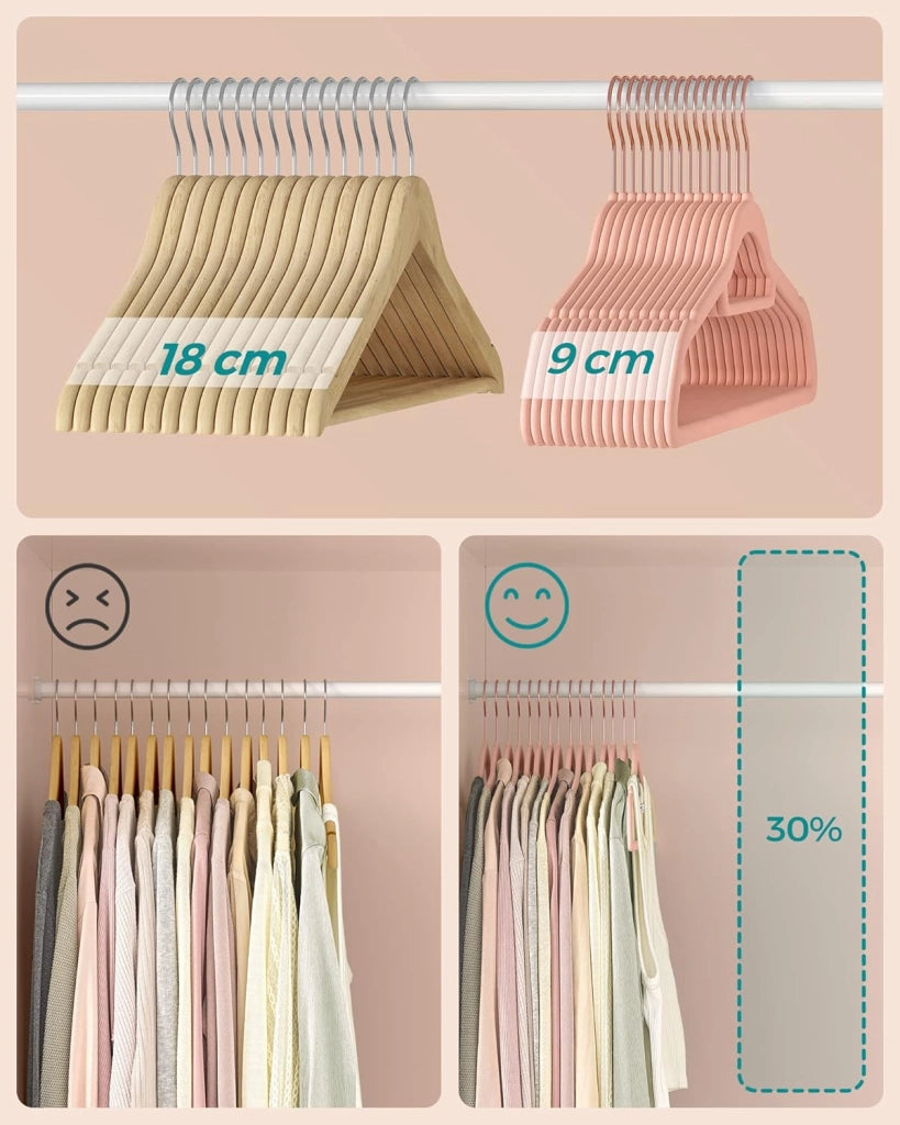 SONGMICS Grucce Vellutate, Set di 60, Grucce Antiscivolo con Gancio Girevole in Colore Oro Rosa, Spessa 0,6 cm, Salvaspazio, Lunga 45 cm per Cappotti, Camicie, Gonne, Pantaloni, Rosa Chiaro CRF021PK60