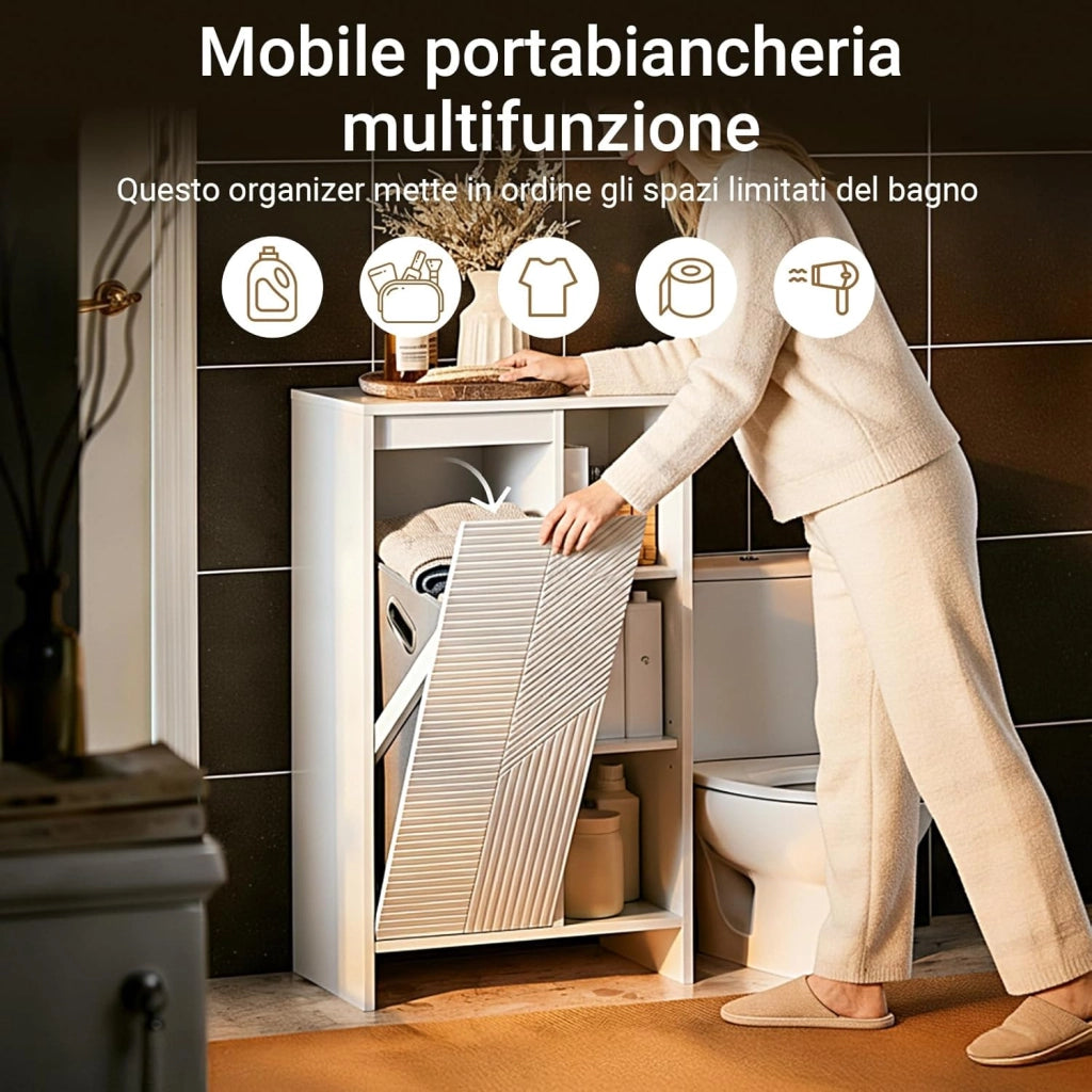 Mobiletto Bagno Salvaspazio con Cesto Portabiancheria – Mobile Bagno Salvaspazio Armadietto Alto e Stretto con Anta a Ribalta e Ripiani Aperti, 86x50x30cm, Bianco BZR156-W